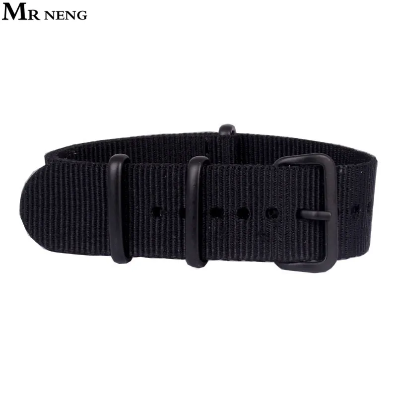 MR NENG 20mm 22mm Militray Sport Black Nylon Canvas Wrist Watch Band Replacement Nato Strap Black Buckle