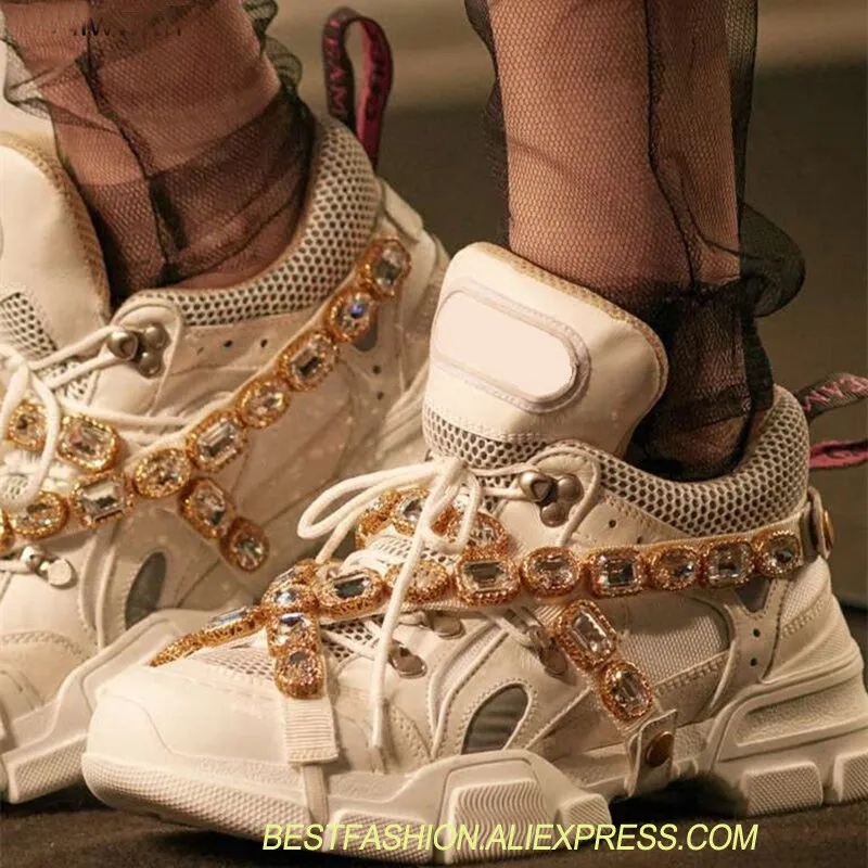 

Luxury brand handmade crystal embellished mixed color flat shoes with super sports shoes wild thick end track casual shoes women