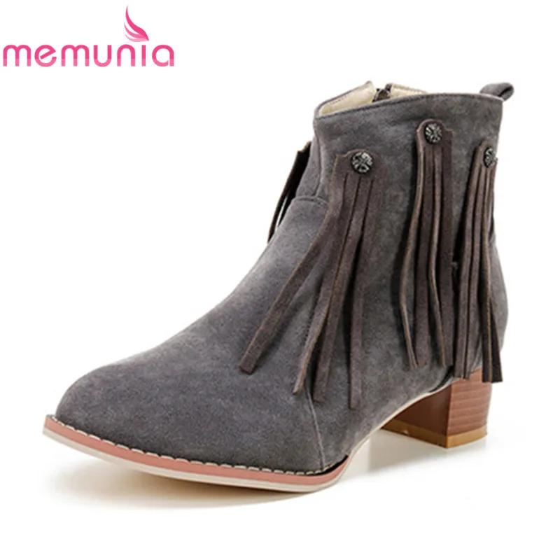 

MEMUNIA big size 34-43 new arrival 2020 ankle boots with fringe solid unique women winter boots round toe thick heels boots