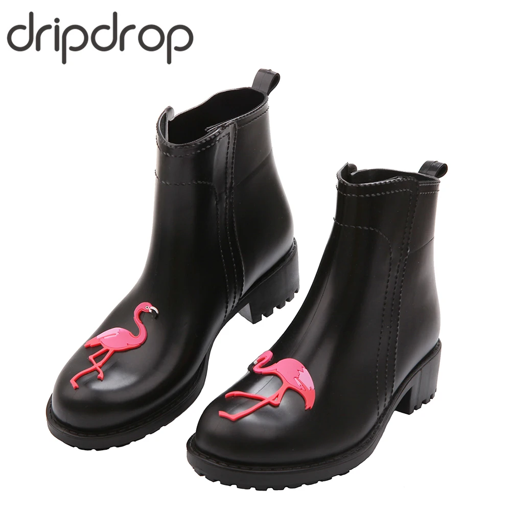 Comprar DRIPDROP Botas de lluvia de goma flamencos para mujeres impermeables de tacón alto moda niñas zapatos señoras lindas Botas de lluvia de tobillo corto PVC