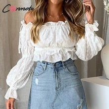 Conmoto Vintage blanco bordado mujeres Crop Tops y blusa 2019 nuevo fuera del hombro Blusa con cuello ojal chica camisa de manga de linterna