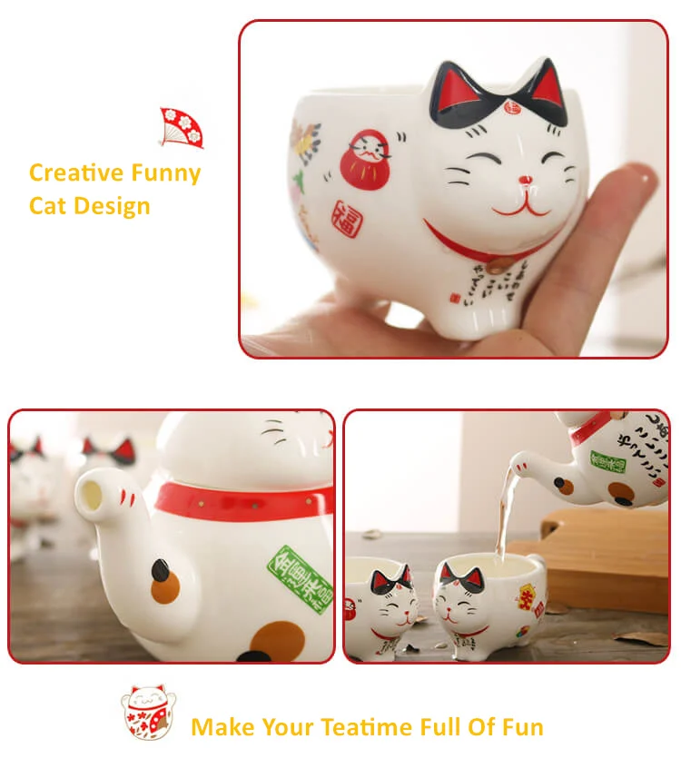 Cute Japanese Lucky Cat Porcelain Tea Set Creative Maneki Neko Ceramic Tea Cup Pot with Strainer Lovely Plutus Cat Teapot Mug