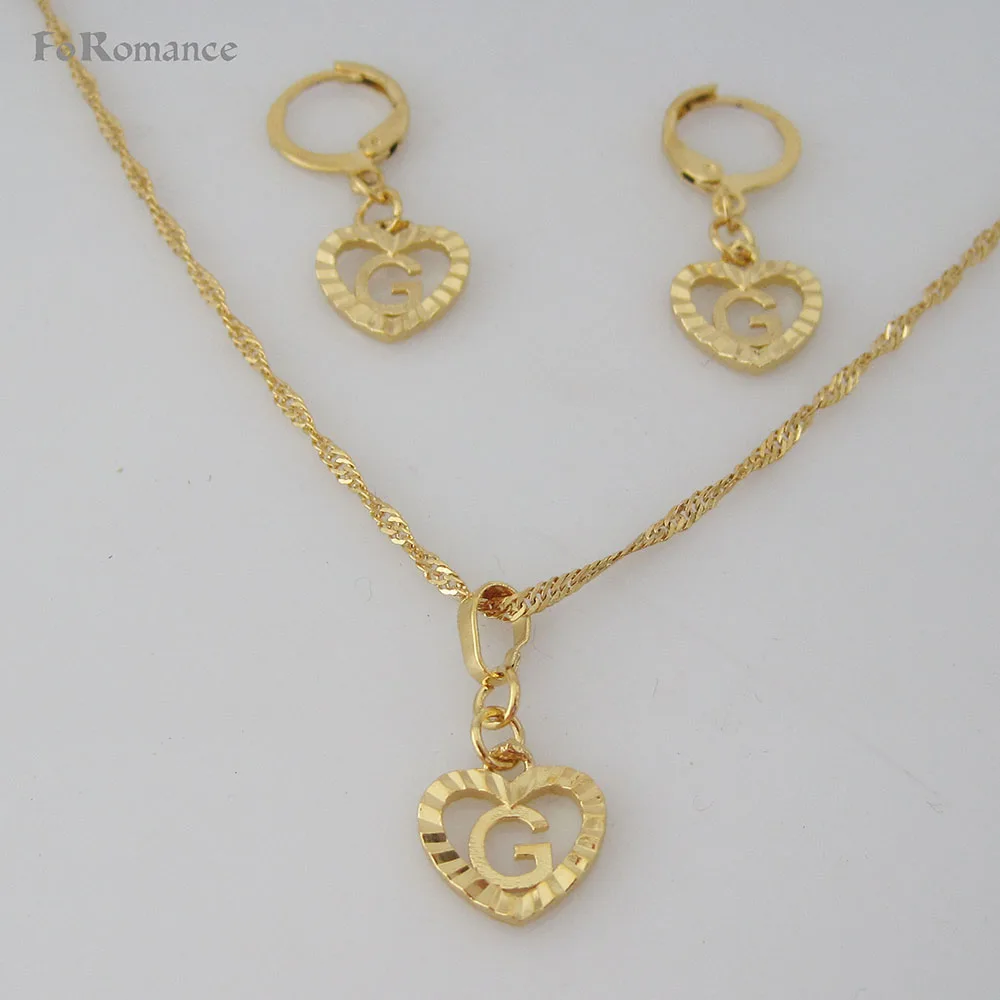 FoRomance- HIGH QUALITY GOLD GP OVERLAY 26 LETTERS FROM A TO Z HEART LINE CARVED PENDANT 18″ WATER WAVE NECKLACE EARRING SET