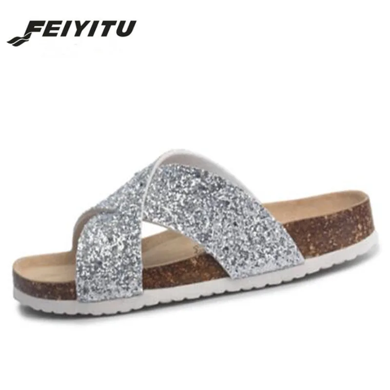 FeiYiTu/Новинка; Модная Летняя женская обувь на плоской подошве; пробковые шлепанцы; женская Повседневная пляжная обувь без застежки; шлепанцы на плоской подошве; цвет черный, белый; большие размеры 35-43