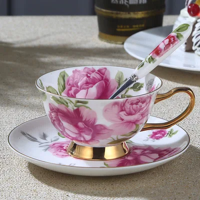 1 Набор, британская королевская 3D Розовая кофейная чашка, эмалированная чайная чашка с ложкой, блюдце, креативные чашки, керамические кофейные чашки, наборы, 6ZOP03 - Цвет: 06