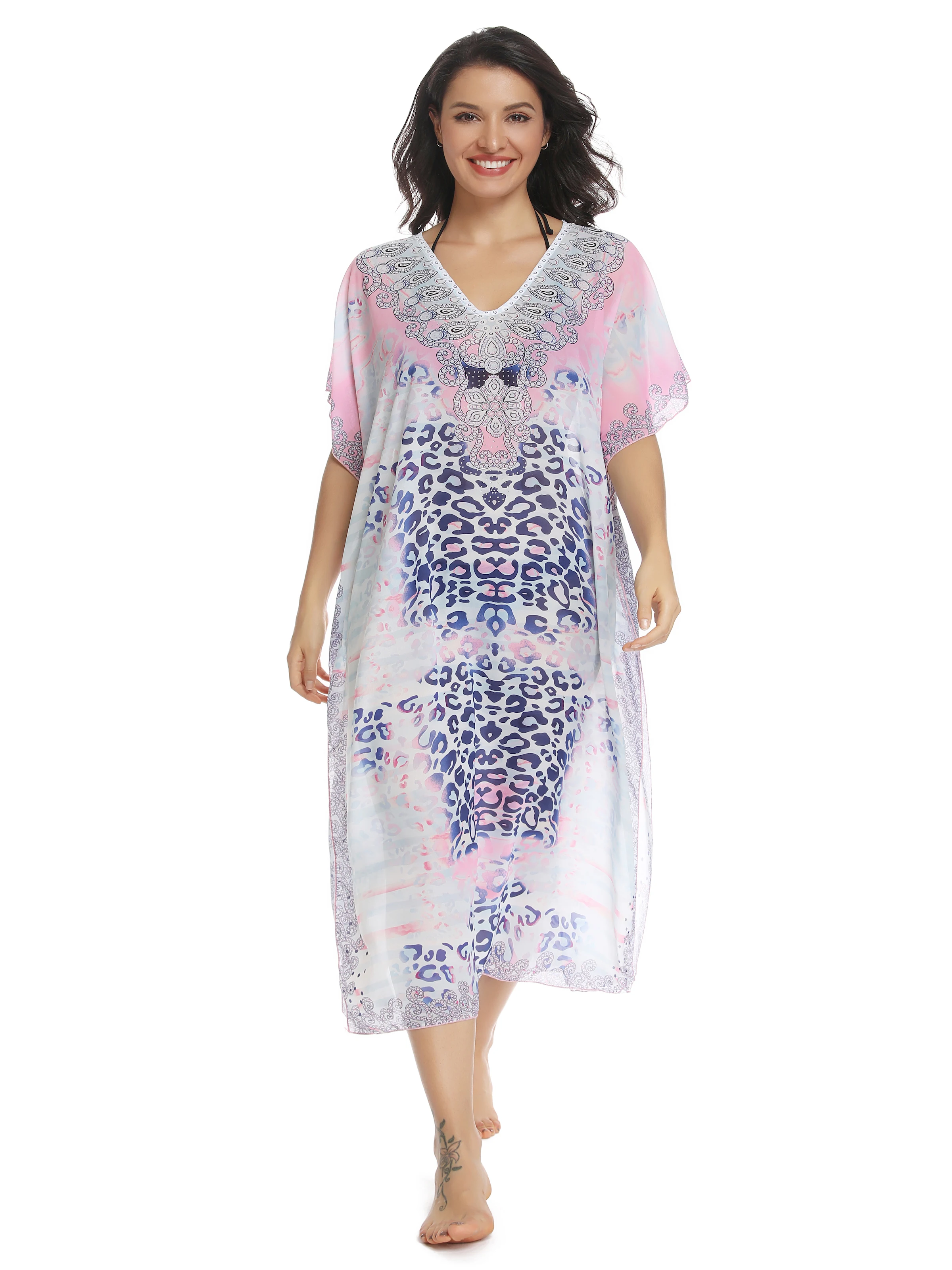 

Women Sexy Swim Wear Bikini Cover up Chiffon with hot fix studs Placement print SwimSuit Beach Wear Women dress Free Shipping !