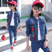 2018 new fashion children’s clothing sets baby girl denim coat+jeans trousers body suit flower print two-piece sets clothes