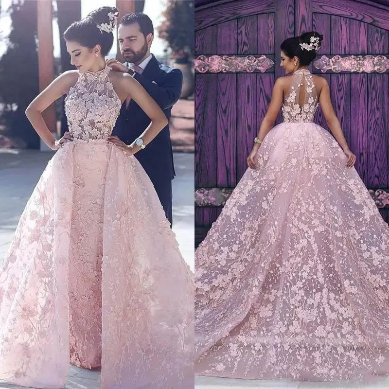 2018 Glarmorous Pink Overskirt Prom Dresses High Neck Sleeveless Full Applique Lace Pageant Evening Gown Vestido de Festa