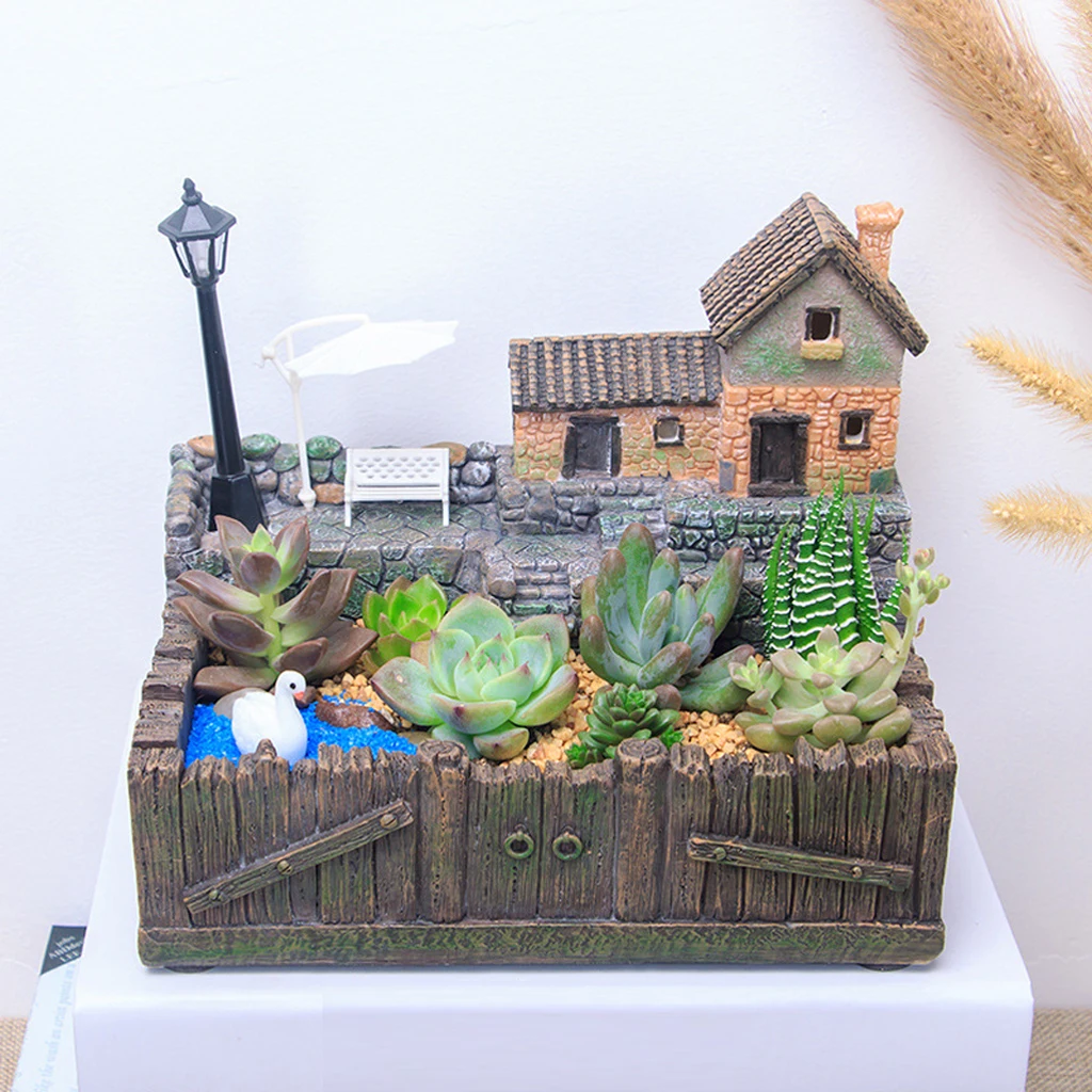 Resin Tuscany Hut Flower Bed Succulent Pot Planter Bonsai Plant Bed Flower Pots Storage Box for Office Home Shopping Mart Decor