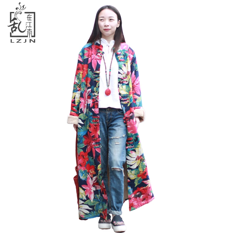 

LZJN Winter Coat Women Floral Trench Coat Imitated Lamb Wool Windbreaker Female Coats Vintage Fleece Trenchcoat 15220