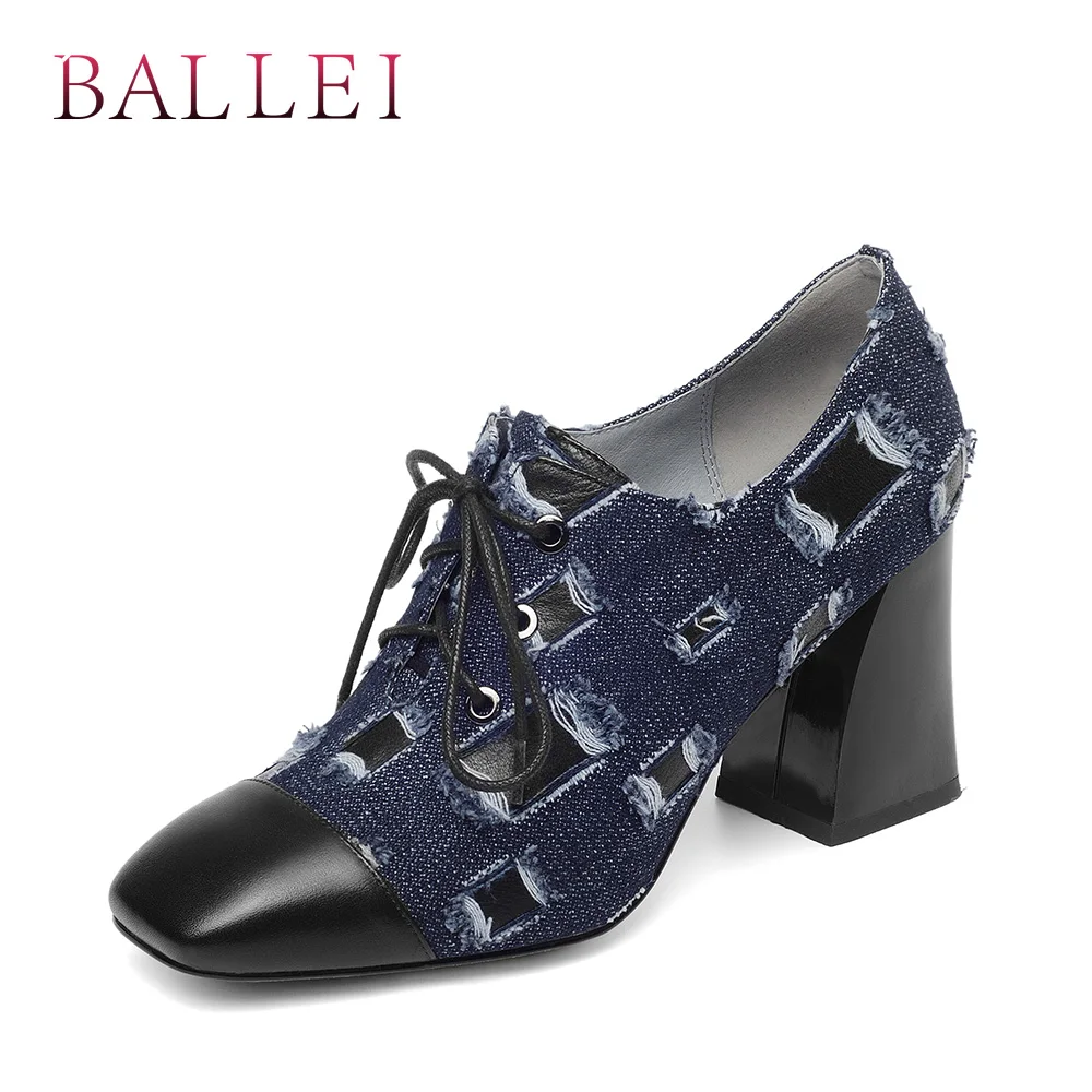 

BALLEI Classic Woman Basic Pumps Handmade Genuine Leather Retro Square Toe Soft Thick Heel Shoes Fashion Elegant Sexy Pumps D83