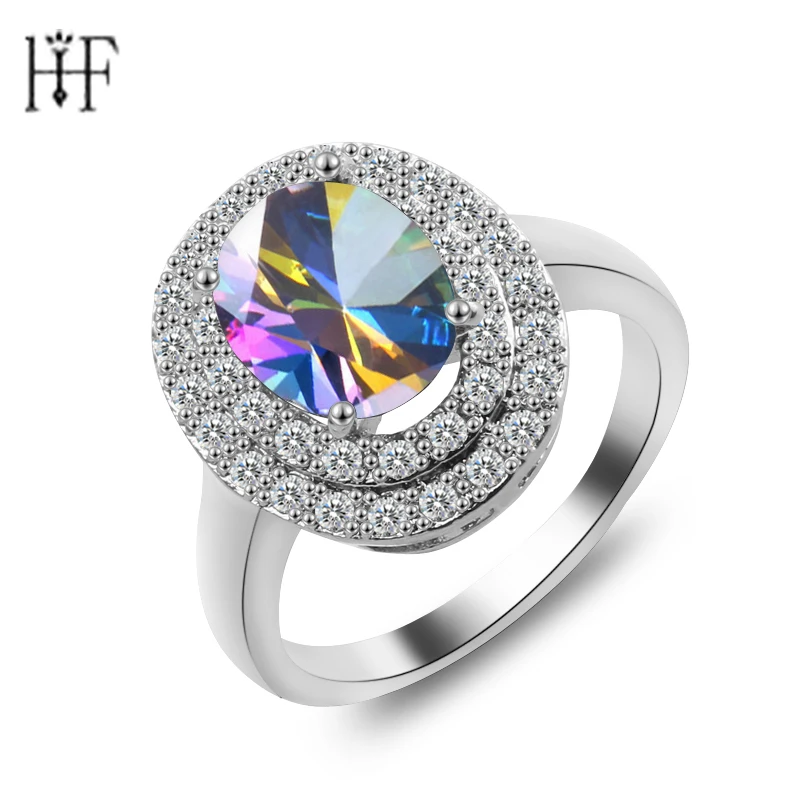 

Big Oval Red Stone Double Row Colorful Crystal Zircon Vintage Wedding Rings For Men/Women Silver Gold Color Ring Black Jewelry