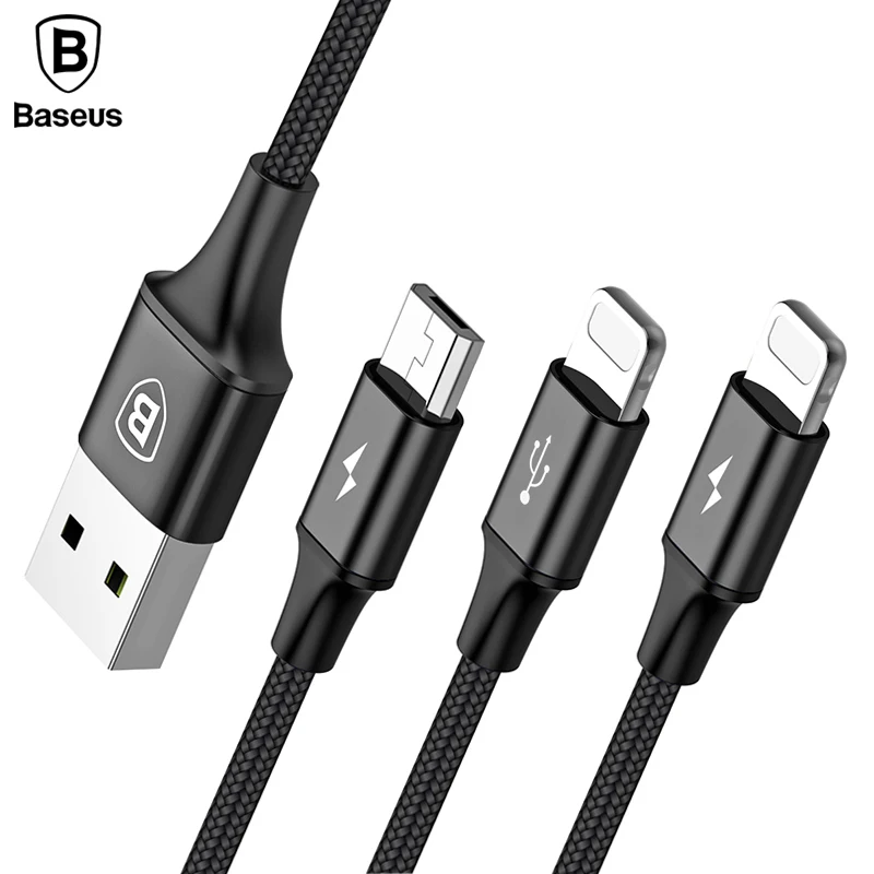 Baseus USB Cable For iPhone X 8 7 6 iPad 3 in 1 Charing Charger Micro