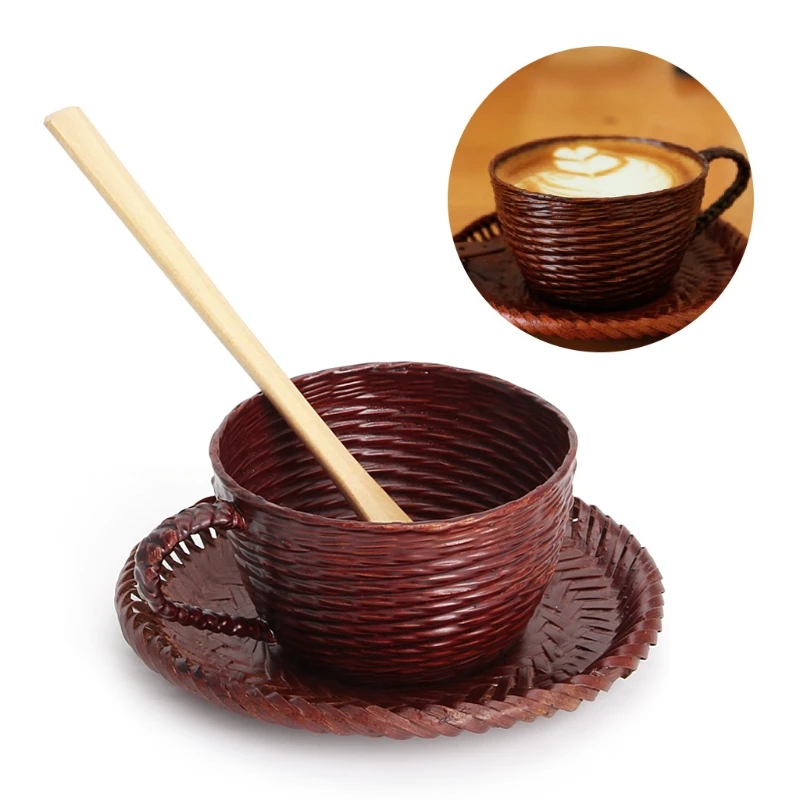 

Vintage Bamboo Cup Woven Impermeable Leakage Coffee Mug Set With Dish and Spoon #0703