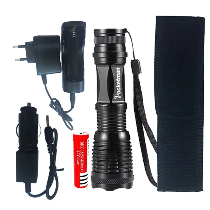 

LED flashlight torch XM-L T6 4000 Lumens High Power Focus lamp Zoomable light with one battery charger and sleeve