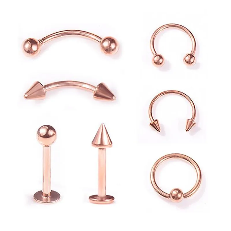 

Punk Rose Gold Surgial Steel Bar Lip Ring Studs Eyebrow Piercing Women Men Nipple Helix Stud Earrings Piercing Body Jewelry