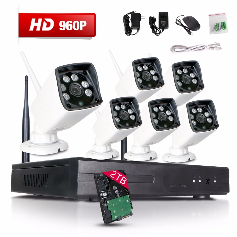 

6X 960P HD Wireless Video Security System NVR Kit 1.3MP Weatherproof In/Outdoor Bullet IP Cameras Night Vision 2TB Hard Drive