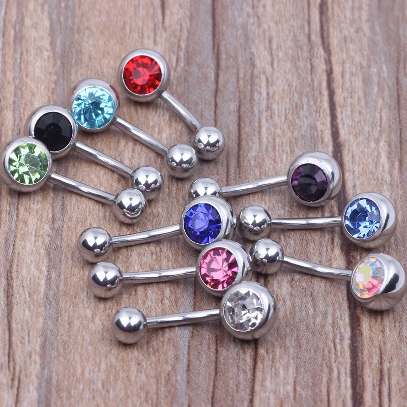Wholesales Stainless Steel 100 pcs/lot Mix 10 Color 14G Body Piercing Jewelry Jewelled CZ Gem Navel Ring Belly Button Ring