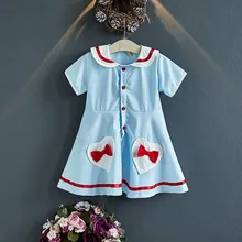 Детское платье принцессы с короткими рукавами и принтом «сердце» с матросским воротником и бантом для маленьких девочек, одежда