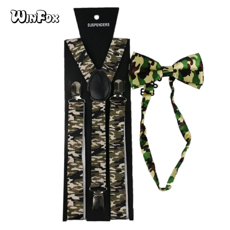 

Winfox Vintage Men Military Suspenders Bowtie Women Wide 2.5cm Camouflage Suspender Bow Tie Set Brace Tactical Suspensorio
