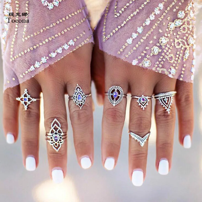 

Tocona 7pcs/Set Vintage Silver Crown Flower Crystal Rings Set Knuckle Finger Midi Rings for Women Party Jewelry Accessories 4438