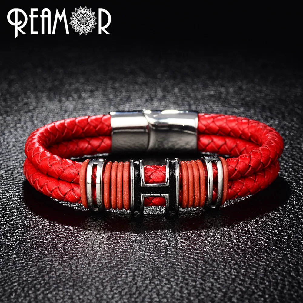 

REAMOR 316l Stainless Steel Male Bracelets Letter H Design Red/Black Double Layers Braided Leather Bangle Woman Trendy Jewelry