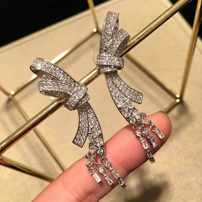

Fashion Luxury Bow-knot Square Tassel Drop Earrings for Women Crystal Zircon Silver Color Earings Wedding Party Jewelry Gift