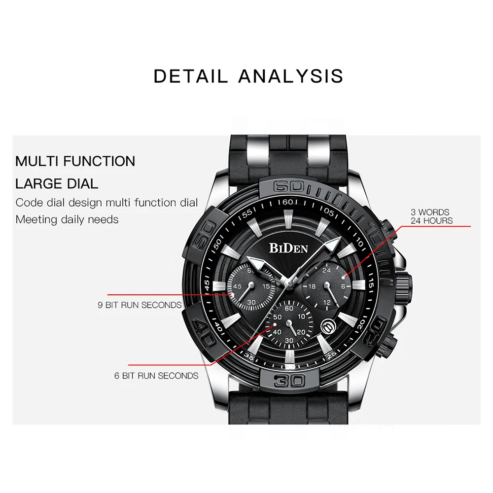 BIDEN Mens Watches Waterproof Military Sport Quartz Watch Men Top Brand Luxury Casual Wrist Watch Male Clock Relogio Masculino
