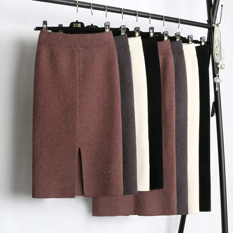 

Winter Thickening Wool Blend Split Mid Knitted Skirt Cashmere Warm Hip Slim Mid-calf Knit Skirts 2 Length 4 Colors