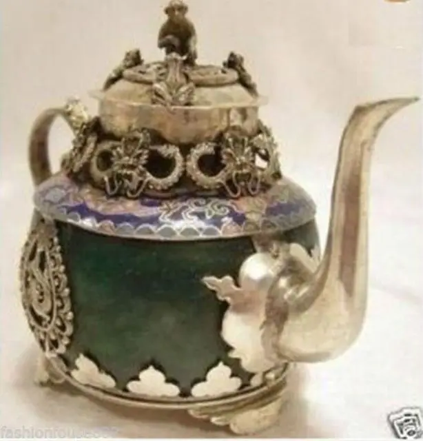 Редкий тибетский серебряный обезьянка дракон зеленый нефрит чайник садовое украшение Настоящее тибетское серебро латунь