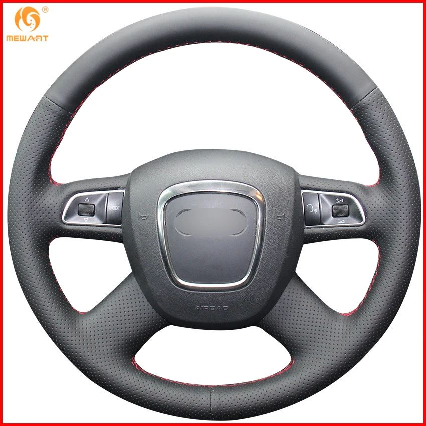 MEWANT Black Genuine Leather Car Steering Wheel Cover for Audi Old A4