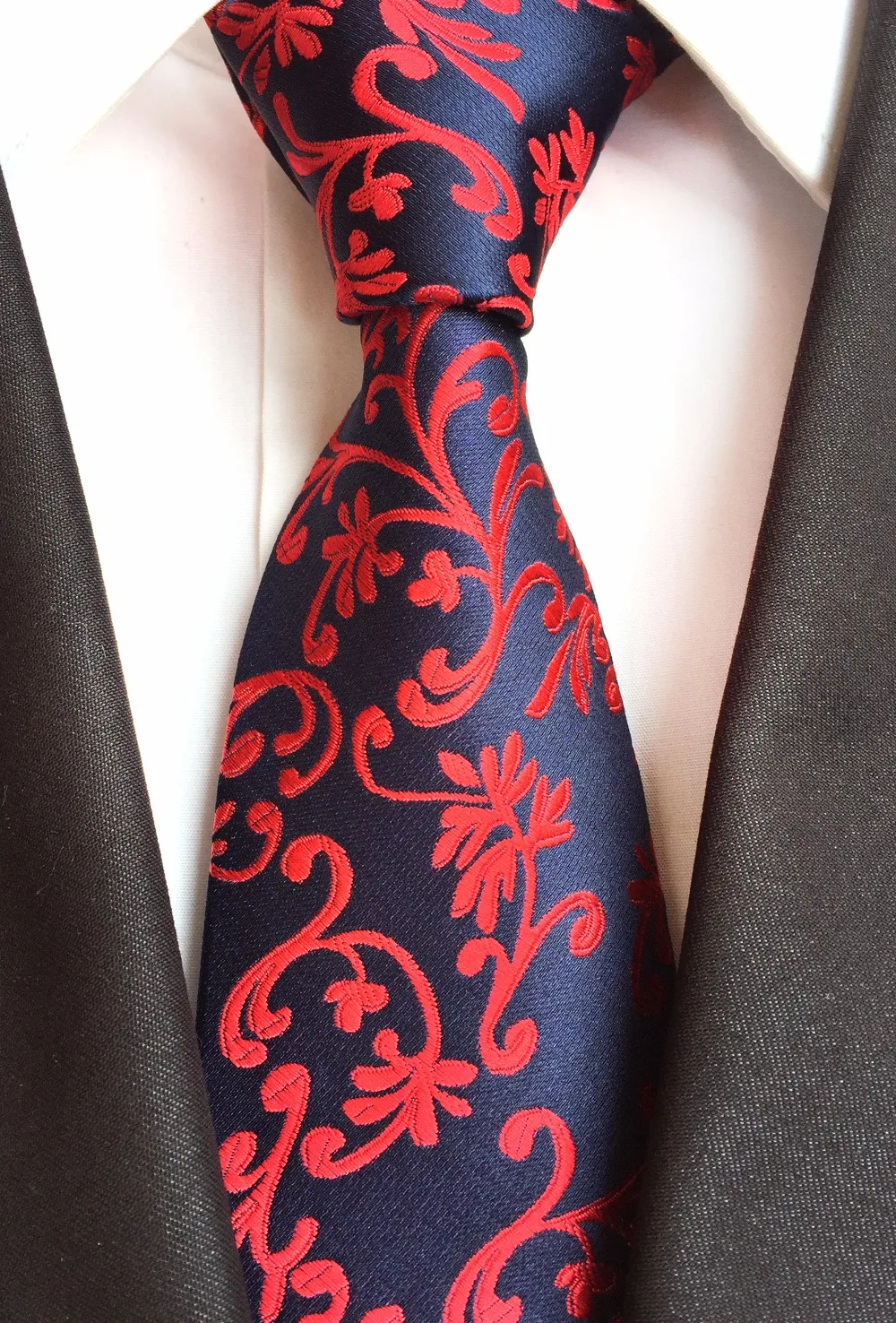 High Quality Paisley Floral Navy Blue Red Mens Silk Tie 100 Jacquard