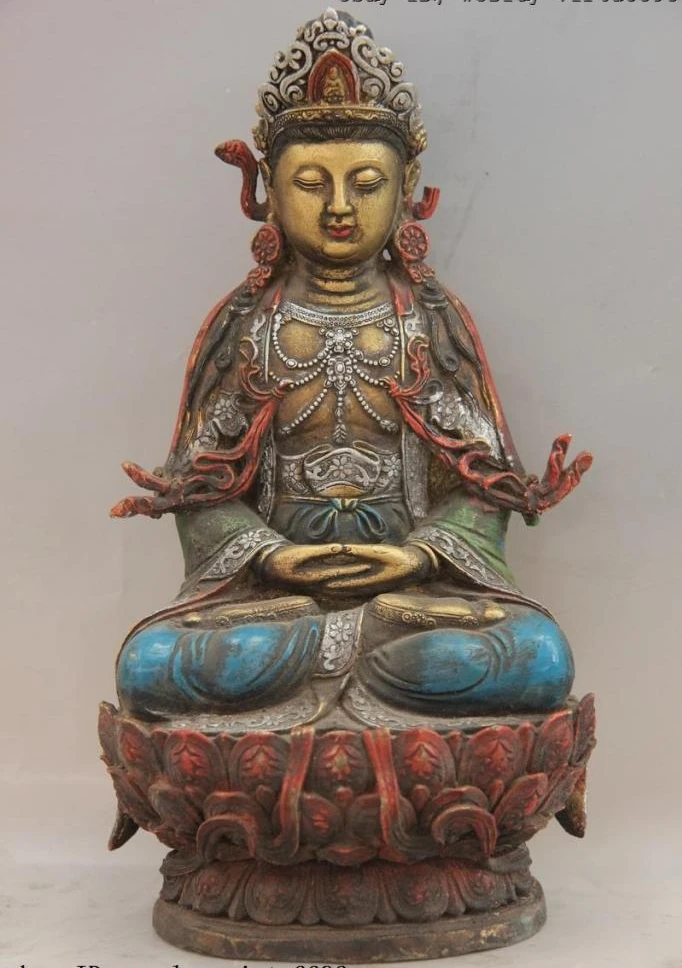 Tibet Copper Bronze Color Painted Amitayus Bodhisattva Guanyin Kwan Yin Statuein Statues