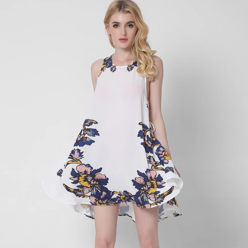 Fashion Women Chiffon Floral Printed Mini Dresses Summer Sleeveless Backless Loose Beach Dress Vestido | Женская одежда