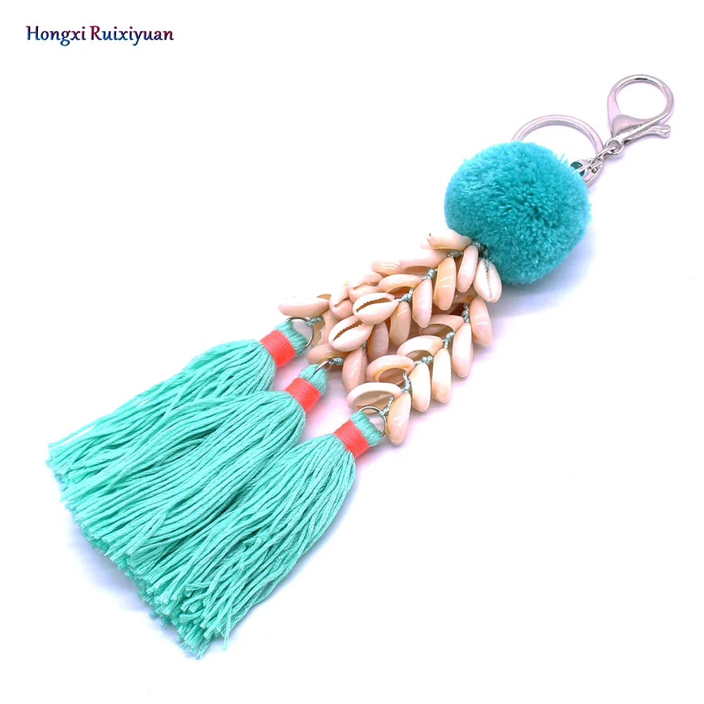 

Onlyee New Keychain Bohemian Shell Fringe Lady Keychain Buckle Blue/Pink Cotton Ball Hand-woven Shell Keychain Women's Jewelry