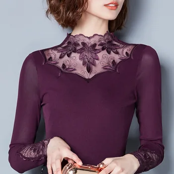 

Wholesale Women's Fashion Winter Sexy Lace Patchwork Ruffled Collar Plus Velvet Bottom Shirts Female Oversize Elegant T Shirts