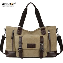 Wellvo холщовая Мужская винтажная дорожная сумка, кожаная сумка для переноски, большая дорожная сумка для багажа, сумка через плечо для выходных, XA101WC