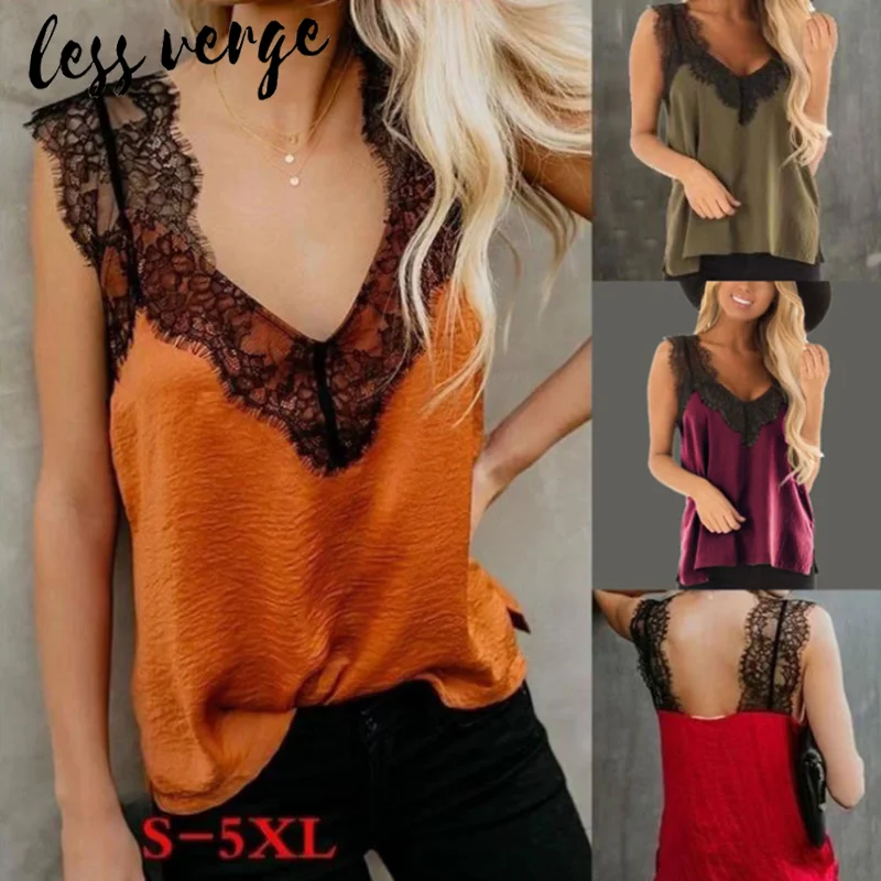 

lessverge V neck green lace plus size camis top Elegant patchwork backless tank top Sleeveless red shirt womens clothing 2019