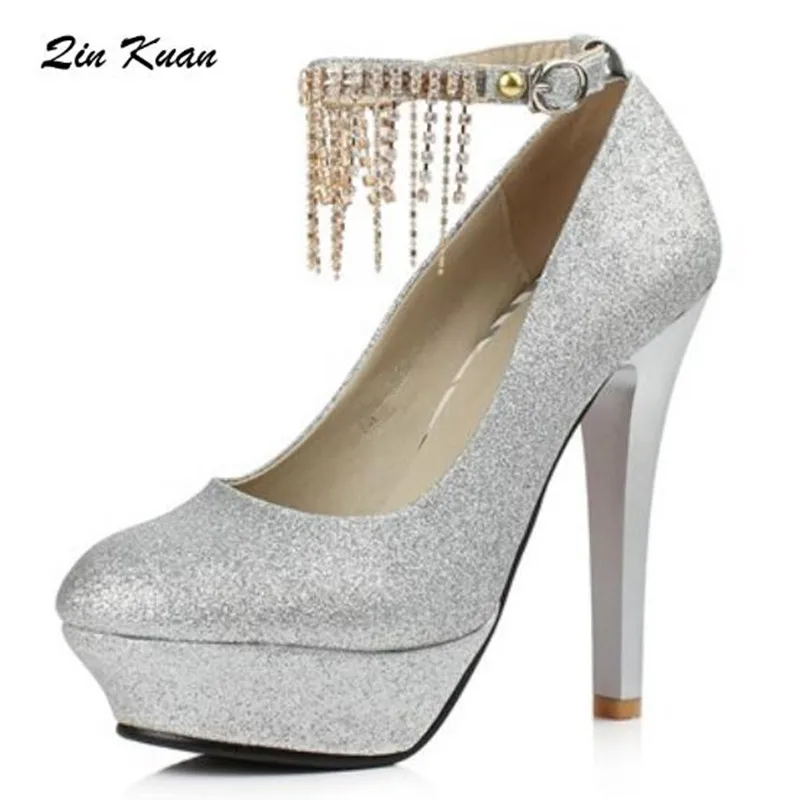 

Hot Sale Plus Size Women Fashion Round Toe Sequin Cloth Tassels Party High Heel Shoes Ladies Ankle Buckle Wedding Pumps QKP0127A