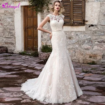 

Detmgel Vestido de Noiva Cap Sleeve Appliques Mermaid Wedding Dresses 2020 Scoop Neck Lace Up Trumpet Bride Gown Robe De Mariage