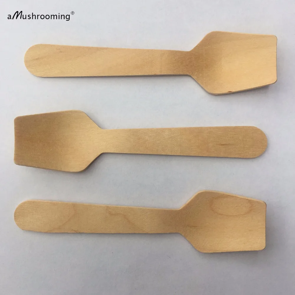 100 Disposable Wooden Baby Party Spoon Flat Spoons 9.5cm Flatware