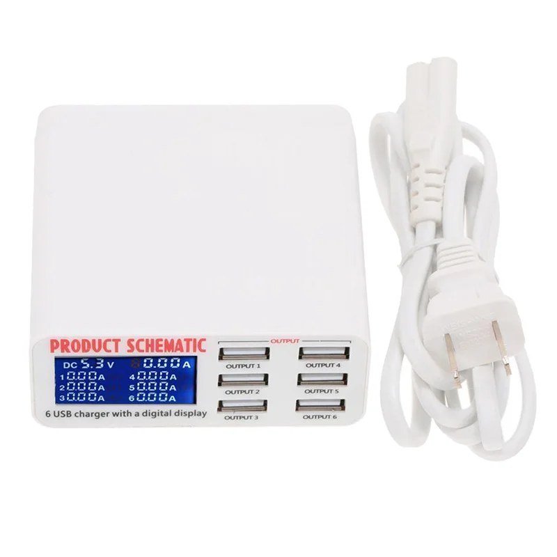 

6 Ports USB Charger Travel Charger LCD Digital Display Smart Charging Station Multi-Port USB Charging EU/US/UK Plug