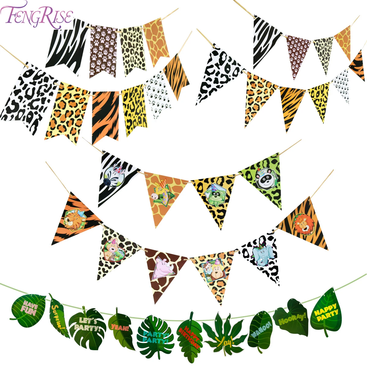 

FENGRISE Jungle Birthday Banner Amimal Garland Birthday Paper Garland Flag Palm Leaf Banner Babyshower Safari Animal Pennant