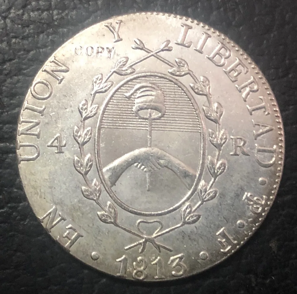1813 Аргентина 4 Reales Provincias del rio de la plata Посеребренная копия монеты 31 мм | Дом и сад