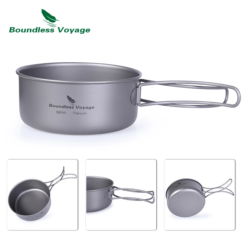 Portable Tableware Camping Cookware Titanium Tableware Titanium Bowl Pot Set with Folding Handle Outdoor Camping Picnic Ultralight Cooker Tableware 1000ml + 500ml