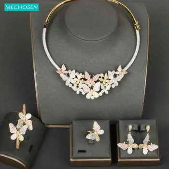 

MECHOSEN 3 Tones Luxury Butterfly 4/PC Sets Exquisite Zircon Necklace Bangle Ring Earrings Bridal Wedding Sets Dubai Style Gifts