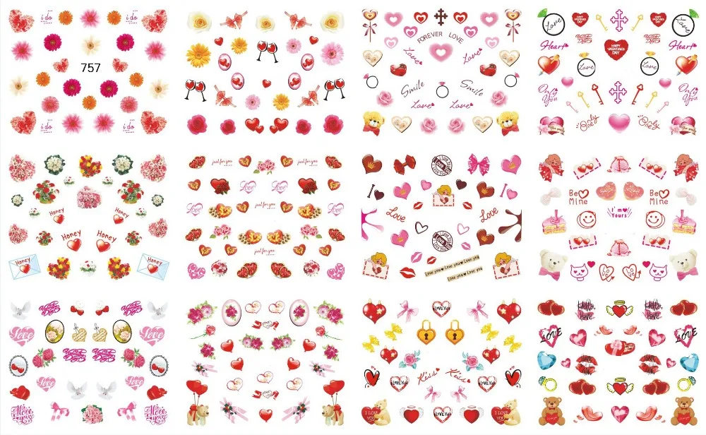 12 упаковок/лист водяные наклейки для ногтей художественные наклейки различные изображения сердца/губ на ногтях одуванчиков Наклейки Маникюр для влюбленных Z021