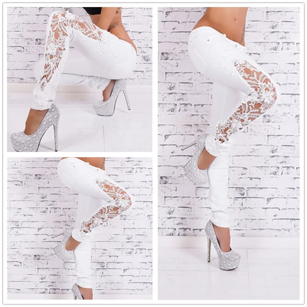 

White Jeans With Lace Hollow Out Lace Stitching Full-Length Denim Slim Skinny Pencil Low Waist Pants Women Fashion Sexy Jeans