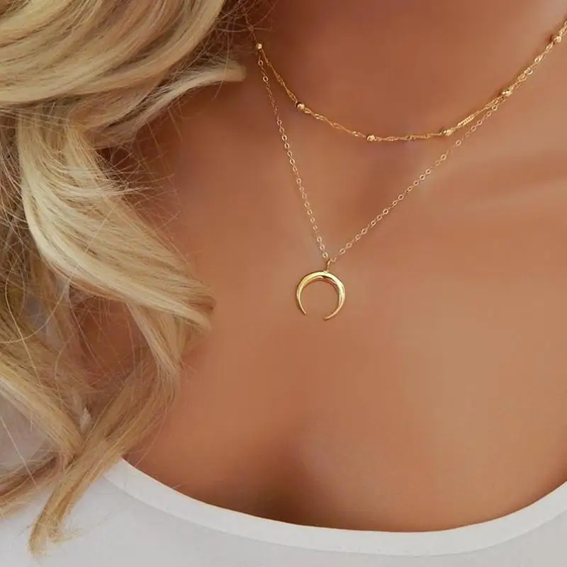 

Gold Double Horn Layered Chain Necklace Silver Crescent Moon Pendant Choker Necklace Bohemia Boho Jewelry Minimal Gift Bijoux