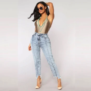 

SUPER DEAL Jeans Women High Waist Skinny Pencil Blue Denim Pants ripped hole Jeans women bleached washed jeans summer fashion